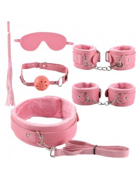 Deri Pembe Harnes Fantazi 7'li Kelepçe Kırbaç Fetiş Seti