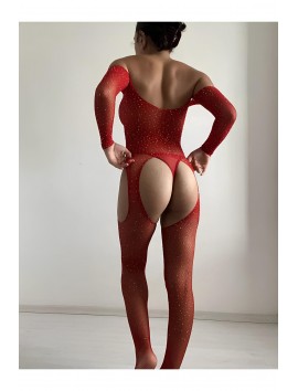 Kadın Özel Bölgesi Açık Kırmızı Fantezi Taşlı Vücut Çorabı