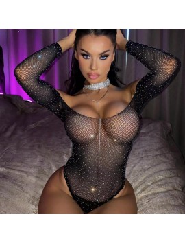 Kadın Göğüs Dekolteli Taşlı File BodySuit Vucut Çorabı
