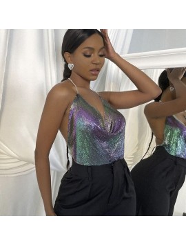 Parlak Gökuşağı Crop & Bluz Kolsuz Kayık Yaka Zırh Büstiyer