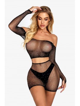 2 Parça Taşlı Omuzları Açık Crop- Şort Vücut Çorabı