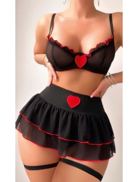 Siyah Kırmızı Kalp Detaylı Seksi İç Çamaşır Seti