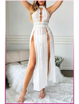 Beyaz Kalp Aksesuarlı Tül Etekli Kadın Seksi Gecelik