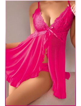 Kadın Seksi Fuşya Tül Gecelik ve Külot Takım