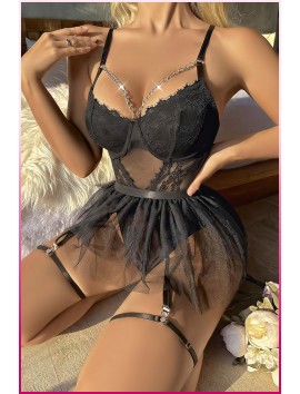 Siyah Göğüs Balenli, Tül Etekli Seksi Jartiyer Takım