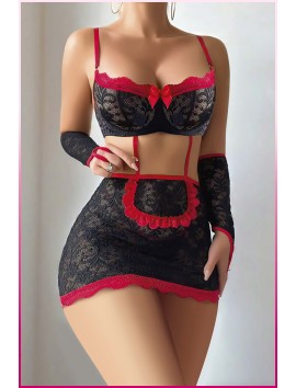 Kadın Siyah Dantel Etekli, Kol Bantlı, Göğüs Balenli  Fantazi Kostüm