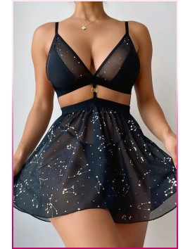 Siyah Parlak Yıldızlı Kadın Etekli Fantazi Kostüm