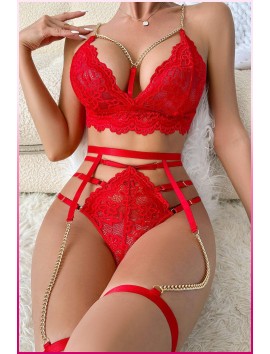 Kırmızı Dantelli Gold Zincirli Seksi Jartiyer Takım