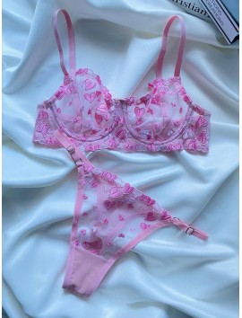 Kadın  Kalpli Pembe Dantelli Balenli  Sütyen Külot Takım
