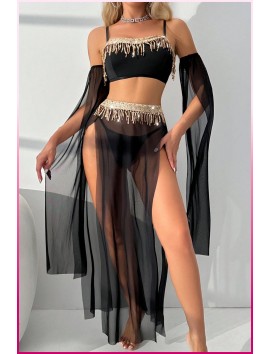 Siyah Pul Aksesuarlı Tül Etekli Kadın Seksi Gecelik