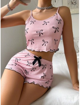 Kadın Siyah  Fiyonklu Şortlu Takım Mini Pembe Rahat