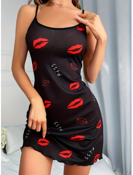 Kadın Elbise Kırmızı Dudak Desenli Askılı Seksi Elbise