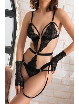 Siyah Dantel Jartiyer Fantezi İç Giyim Takımı Eldivenli, Seksi 3'lü Set, Kadın Seksi İç Çamaşırı