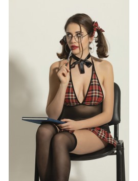 Seksi Okul Kız Kostüm,Ekose Desenli Transparan Tül Fantazi Gecelik Takım,Yüksek Bel Jartiyer