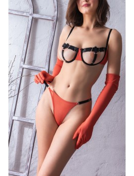 Fetiş Tarzı Turuncu Çıtçıtlı Sütyen ve Eldiven, String Takım,Transparan Detaylı Seksi İç Giyim