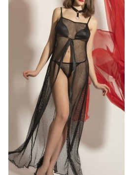 Transparan Fileli Uzun Babydoll Takım,Dantel Detaylı Gecelik,Tanga,Boyunluk 3'lü Set