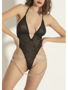 Zincir Detaylı Transparan Siyah Fantazi Body,Seksi Dantel Tek Parça Gecelik