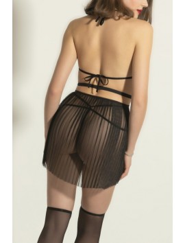 Tül Pliseli Transparan Fantazi İç Giyim Takımı,3'lü Siyah Dantel Tasarım