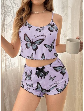 Mor Renk Kelebek Desenli Şortlu Ev Giyim Takımı,Kadın Yazlık Askılı Pijama, Rahat ve Şık Ev Giyim