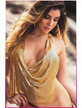 Kristal Gold Taşlı Parlak Crop & Bluz Kolsuz Kayık Yaka Parti Plaj Büstiyer