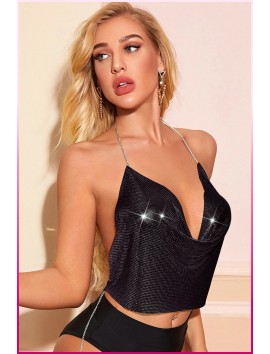 Kristal Siyah Taşlı Parlak Crop & Bluz Kolsuz Kayık Yaka Parti Plaj Büstiyer