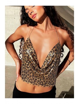 Kristal Leopard Taşlı Parlak Crop & Bluz Kolsuz Kayık Yaka Parti Plaj Büstiyer