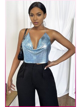 Kristal Mavi Taşlı Parlak Crop & Bluz Kolsuz Kayık Yaka Parti Plaj Büstiyer