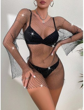 Kadın Siyah Kristal Taşlı File Kollu Kısa Elbise