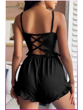 Siyah Mini Arkası Çapraz İpli Şortlu PijamaTakımı