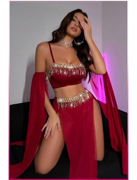 Bordo Pul Aksesuarlı Tül Etekli Kadın Seksi Gecelik