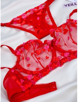 Kadın  Kalpli Kırmızı Dantelli Balenli  Sütyen Külot Takım