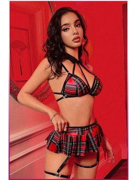 Kadın Kırmızı Ekose Etekli Liseli Seksi Kostüm