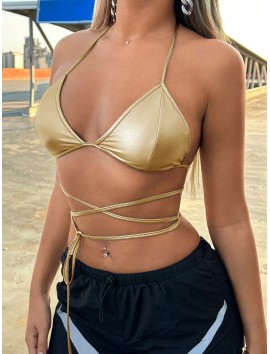 Altın Sarısı Deri Görünümlü Çapraz İpli Bikini Üstü – Bağlamalı, Seksi ve Parlak