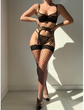 Leopar Desenli Lingerie Set – Dantel Karışımı Seksi Jartiyer 3’lü Takım( çorap dahil değildir )